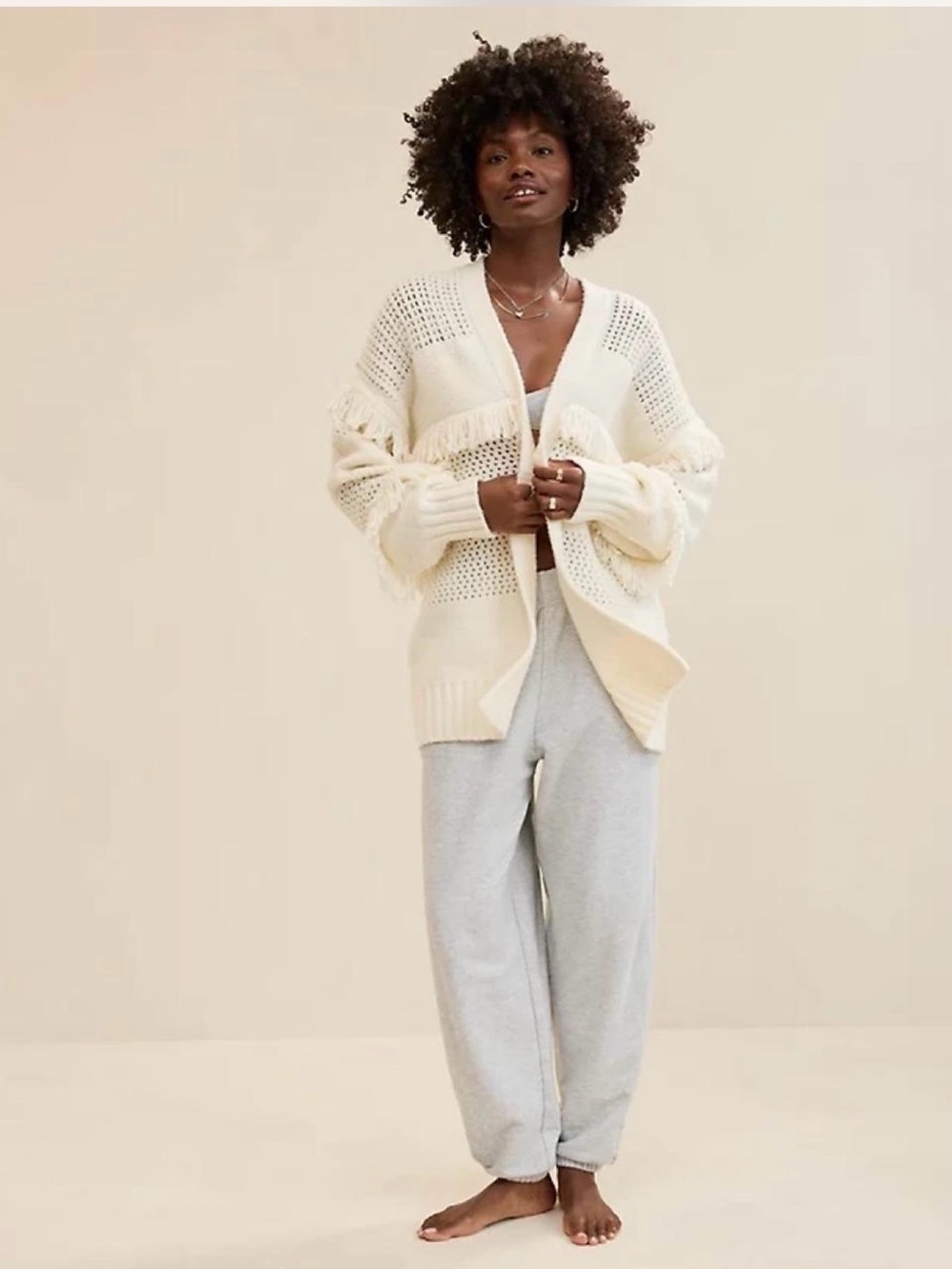 NWT Aerie Cream Open-Knit Fringe Cardigan Women’s Size Medium Oversized Chunky